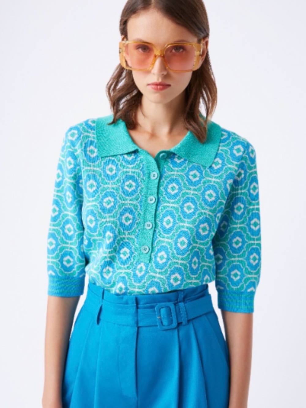 SUNCOO POLKA PATTERNED POLO SWEATER - VERT D'EAU Size XS 70’s Colorful